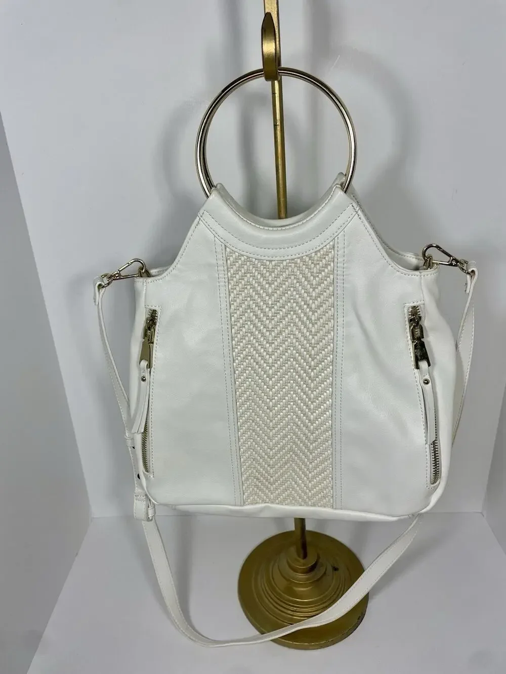 INC International Concepts White Top Handle Bag Gold Hardware Zipper Pockets